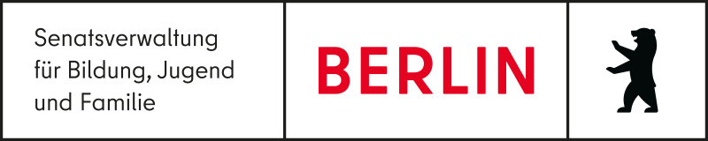 Senatsverwaltung für Bildung, Jugend und Familie. Links oben steht in roten Großbuchstaben „Berlin“. Daneben ist die schwarze Silhouette des Wappentiers von Berlin, dem Berliner Bären. Untendrunter steht „Senatsverwaltung für Bildung, Jugend und Familie“. 