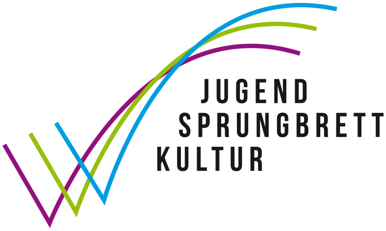 Projektlogo aus drei Sprungfedern in lila, grün und hellblau über dem Projektnamen „Jugend.Sprungbrett.Kultur. Netzwerk für Diversität und Inklusion in kulturellen Jugendbildung.